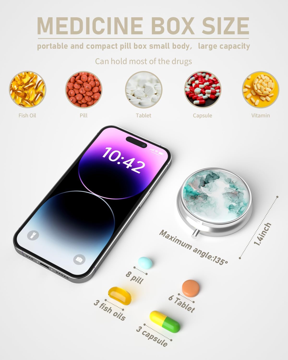 Pill Box, 3 Compartment Portable Travel Medicine Box with Mirror image 2