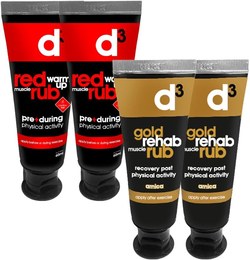 d3Gold Rehab & Red Warm Up Rubs Mixed Tube Pack (220g) Post Workout Rehab Muscle Massage Cream Rub Peppermint Arnica | Pre Workout Rub Winter Green Eucalyptus | Physio Sports Massage Injury