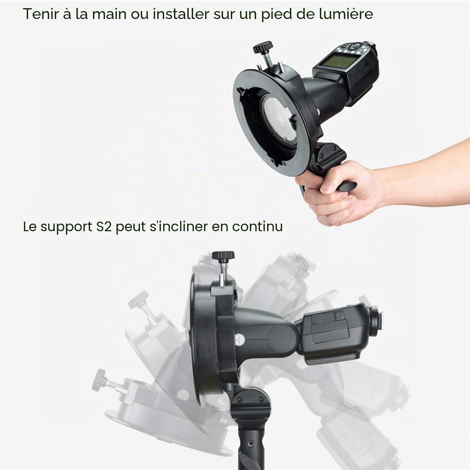 Godox S2 Bowens Support de Flash pour Godox AD200ProII AD400Pro AD300Pro AD300ProII, V1 V1Pro V100 Série, V860II, V860III, TT685II, TT350, TT600, Grande Poignée, Contrôle Précis de l'inclinaison