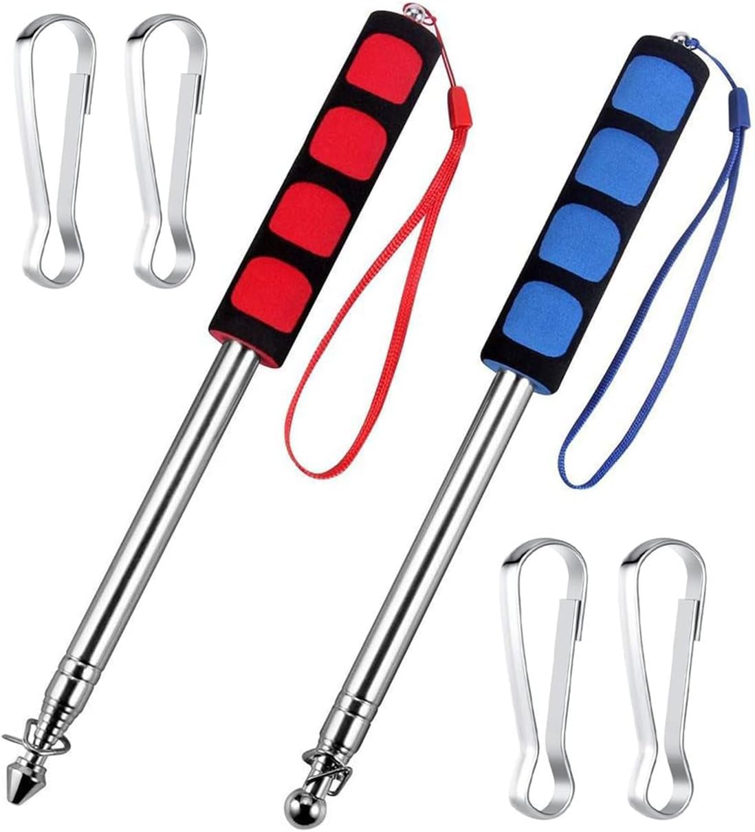 2 Pack Telescopic Flag Pole, 2 Meter Extendable Flag Pole with Sponge Handle, Stainless Steel Handheld Flag Pole with Flag Pole Clips for Festival Camping Teacher Tour Guide Flag, Red + Blue