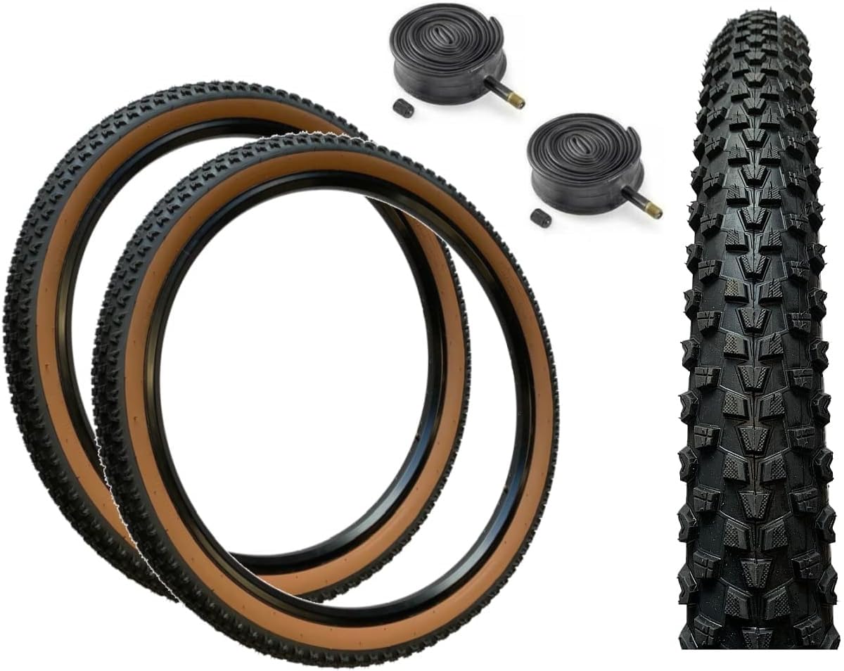 Baldys 26 x 2.25 Mountain Bike Tyres BROWN WALL & Schrader Valve Inner Tubes (PACK OF 2)