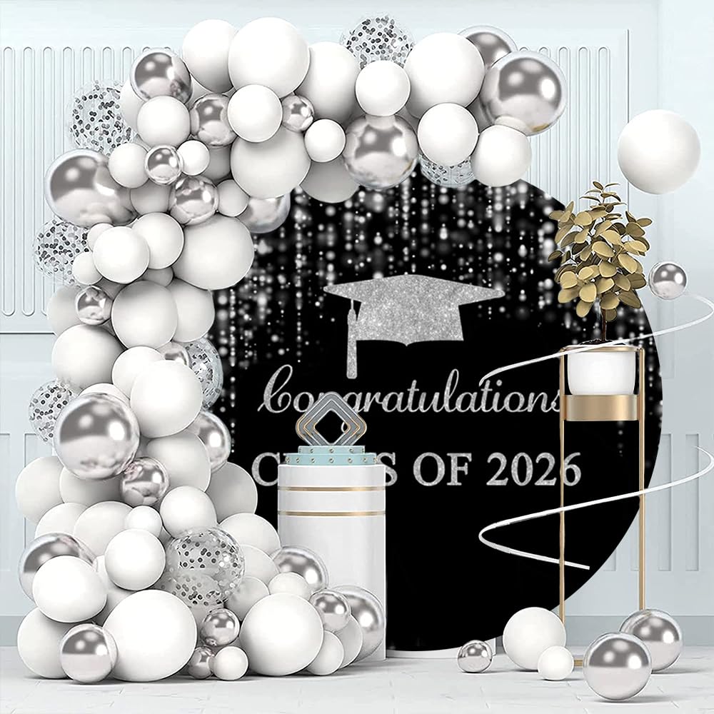 OERJU Graduation Round Backdrop Cover Class of 2026 Backdrop Black and Silver Glitter Bokeh Congratulation Graduation Decoration Background Congrats