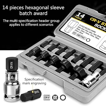 Allen Hex Bit Socket Set, 14Pcs Hexagon Bit Socket Set 3-24mm Allen Key Hex Wrench Head Tool for Ratchet 1/2 inch Drive Screw Driver
