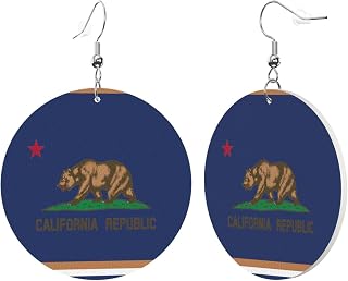 Women Bear California Flag Lightweight Faux Leather Round Dangle Earrings