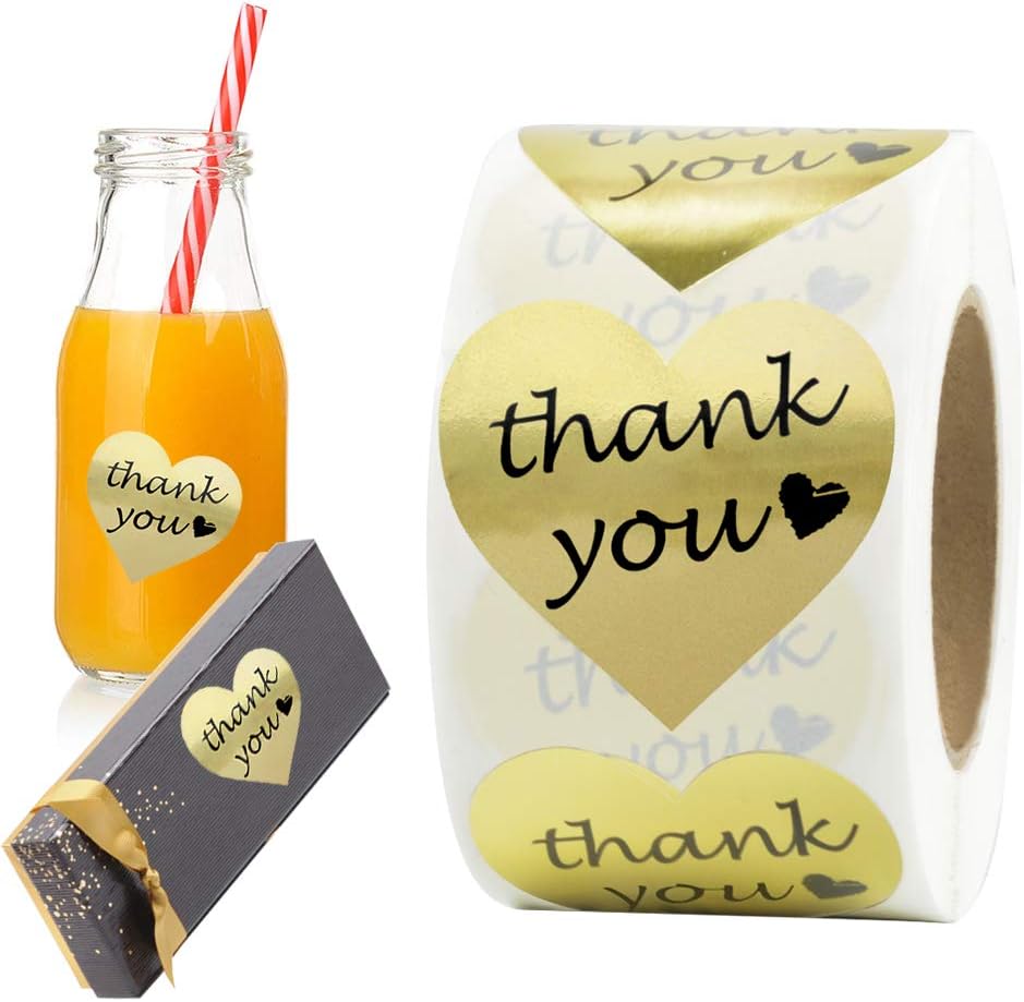 Thank You Stickers Gold Foil Labels Roll, 1.5" Heart Shape Decorative Stickers for Thank You Cards, Packages, Gifts, Wedding, 500 per Pack (1)