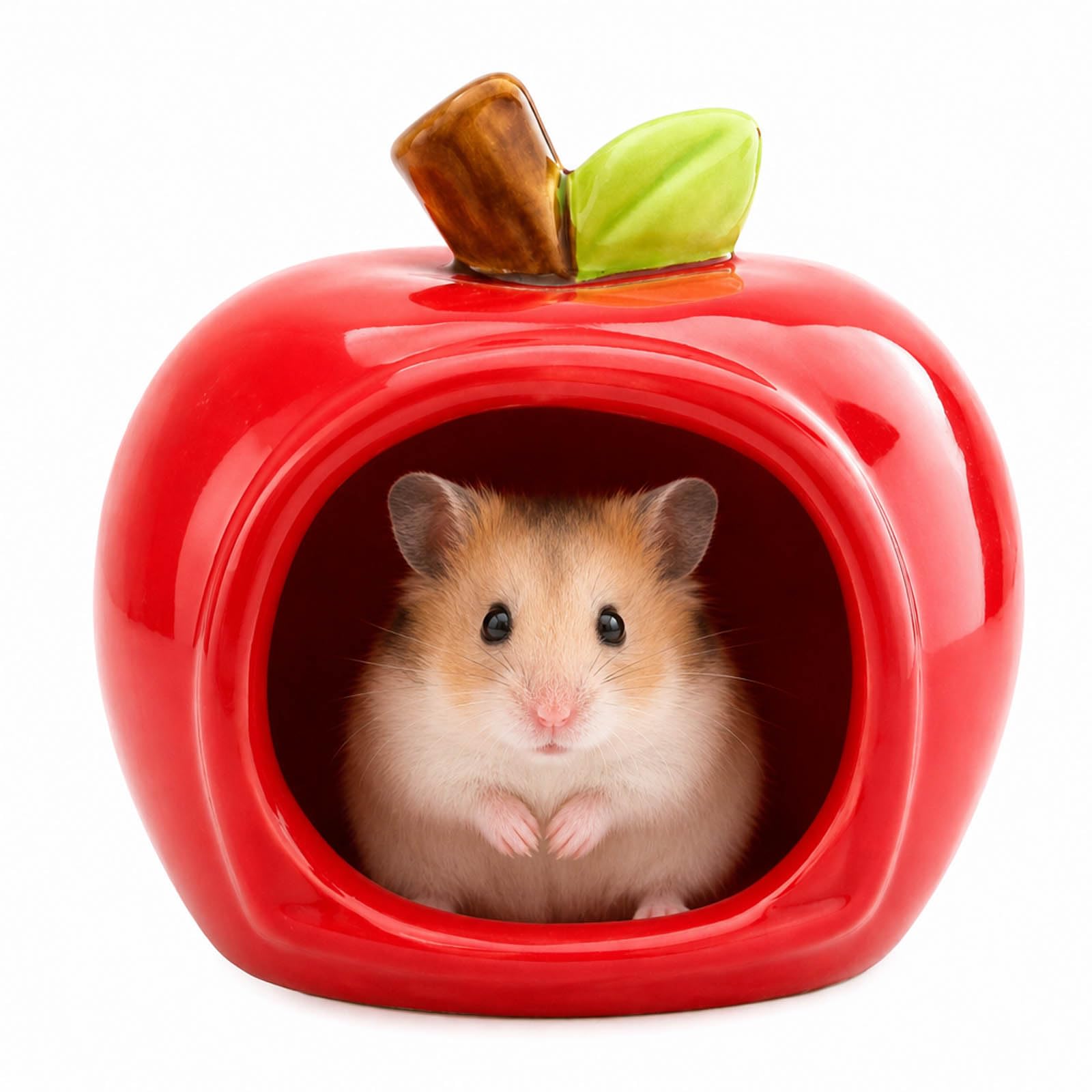 Bucatstate Hamster Cage, Ceramic Hamster Hide with Platform, Apple Red Small Animal Hideaway Habitat for Stress Reduction and Temperature Regulation, Easy to Clean Pet Accessory