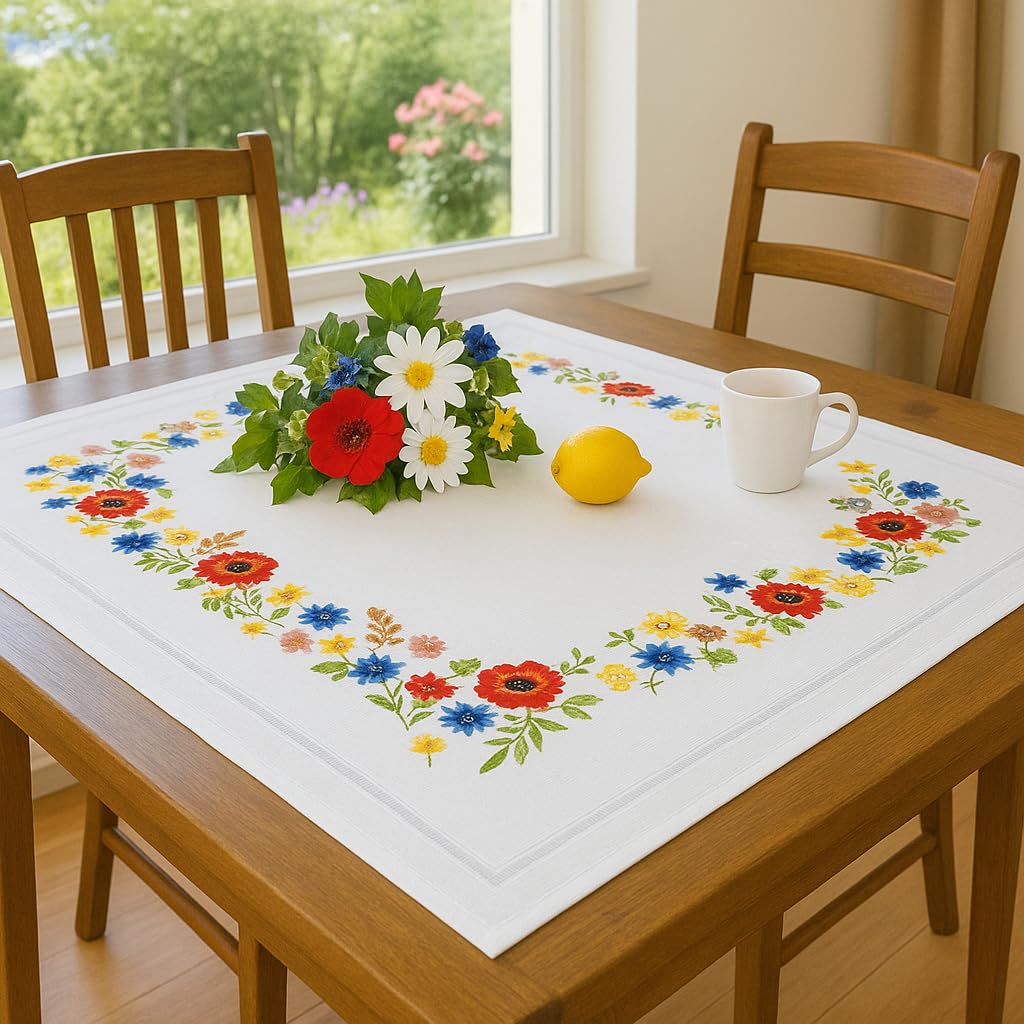 Pacchetto punto croce " Paradiso di fiori " con Papaveri e Fiordalisi - Tovaglia ricamata 85 cm x 85 cm con bordo con punto a giorno - punti predisegnati - Filo 100 % Cotone - di alta qualità - pronto per essere lavorato - Tovaglia 85 x 85 - lavoro al pun