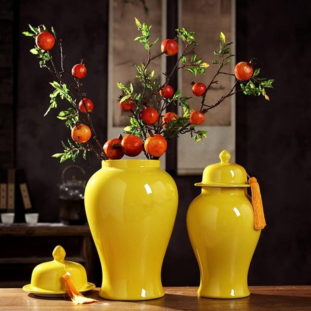 Food Storage Jar,Decorative Jar Ginger Jar Vase Decor Modern Ceramic Ginger Jar with Lid Yellow Decorative Porcelain Jars Temple Jar with Lids Flower Vase Ginger Jars Stora,A-18.5 * 35Cm