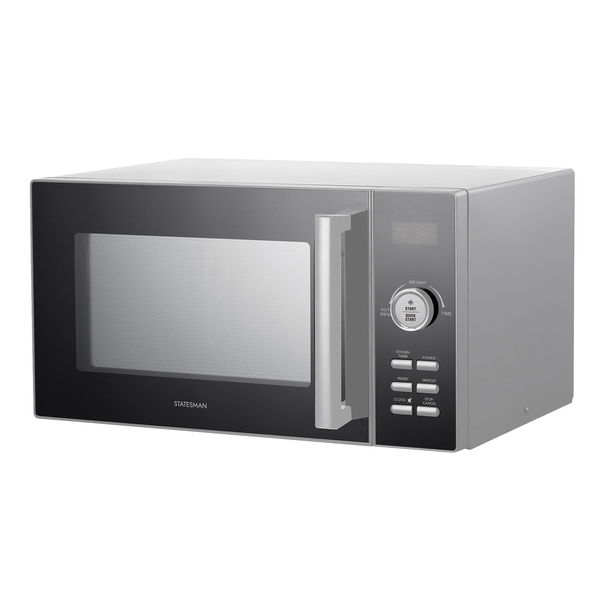 Statesman 23L 900W Digital Solo Microwave with Stainless Steel Interior, 11 Power Levels, 6 Auto-cooking Programmes, 95 Minute Timer (Silver)
