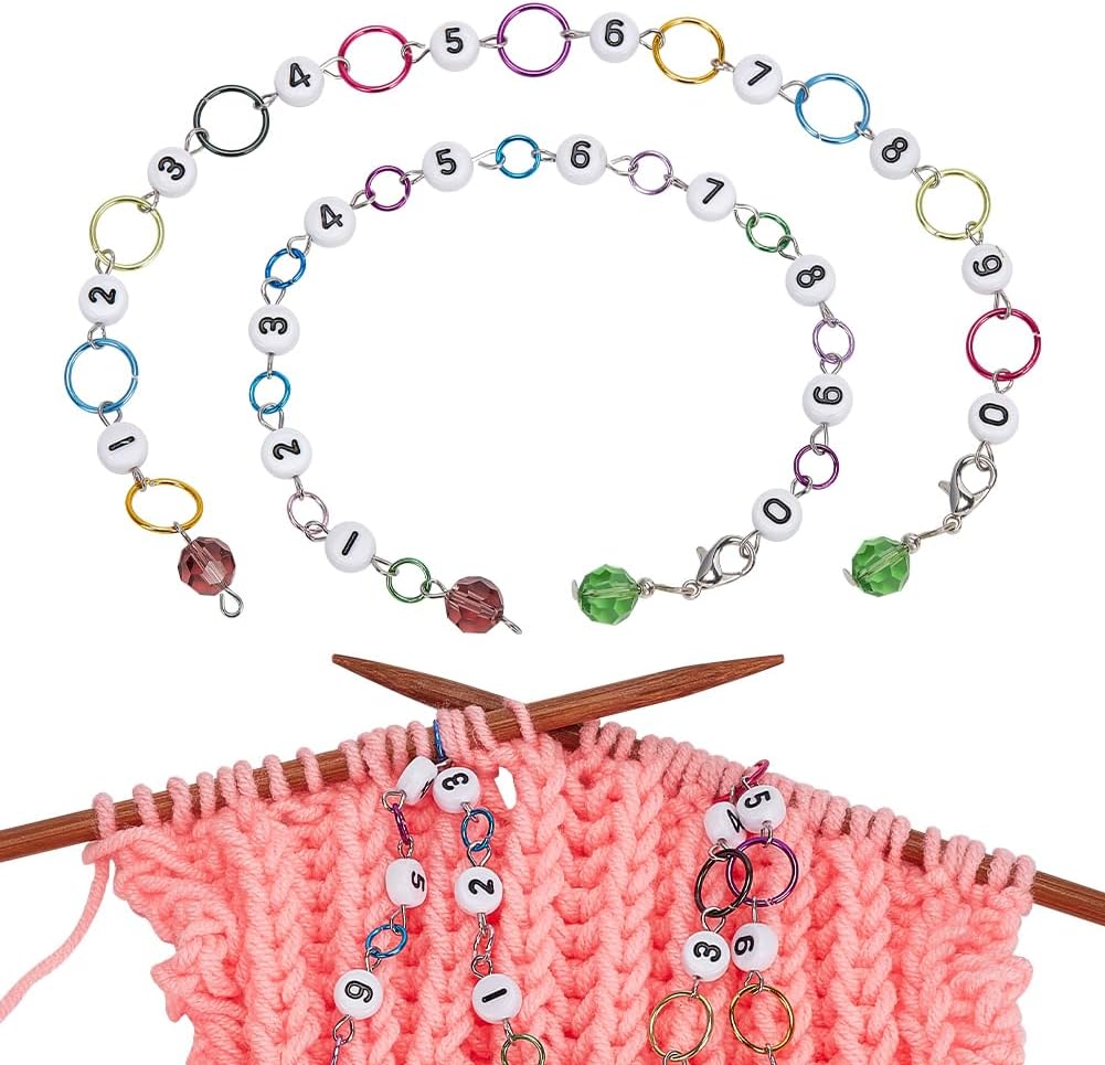 NBEADS 2 Pcs Glass Number Beads Knitting Row Counter Chains, Link Beads Stitch Marker Row Counter Chains with Aluminum Linking Ring for Sewing Knitting Crochet Tracking Project Progress
