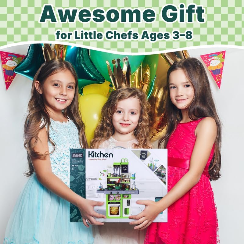 Vista 7 de Juego de cocina de simulación para niños con estufa electrónica, vapor y luces LED – Juguete de cocina interactivo para niños pequeños con fregadero