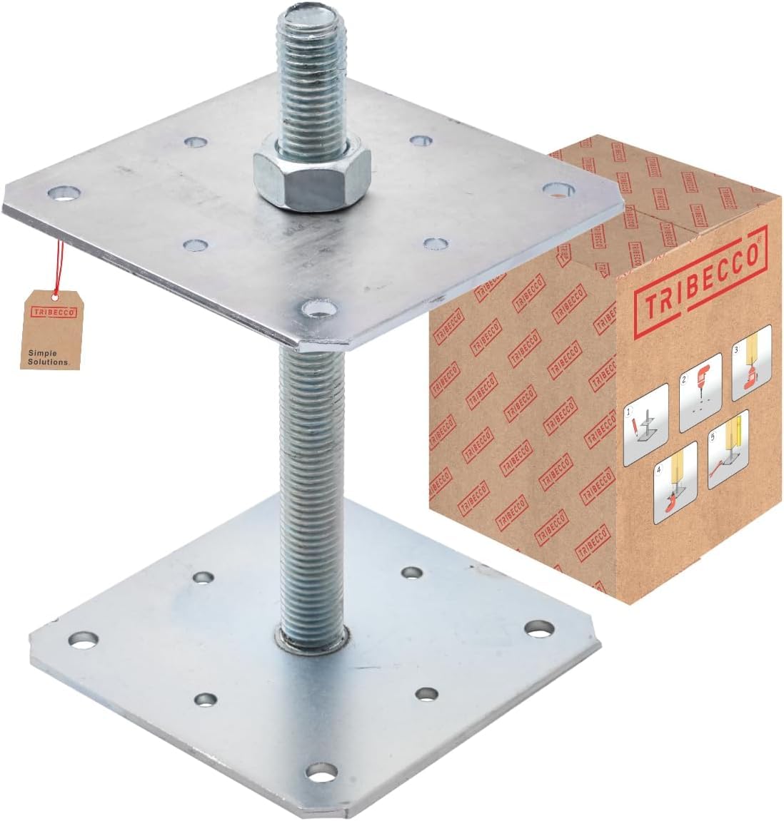 TRIBECCO Soporte vertical para postes ajustable (160 x 160 x 250 / rosca M 24), pie de soporte de altura ajustable, galvanizado, base de hormigón, para atornillar, regulable