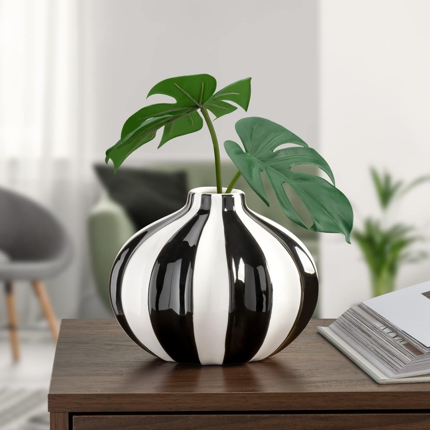 Torre & Tagus Abstract Black and White Vase - Modern Decor Ceramic Vase for Flowers with Stripes - Aesthetic Room Decor for Living Room Shelf, Fireplace Mantel, Bedroom Vanity, Entryway Table
