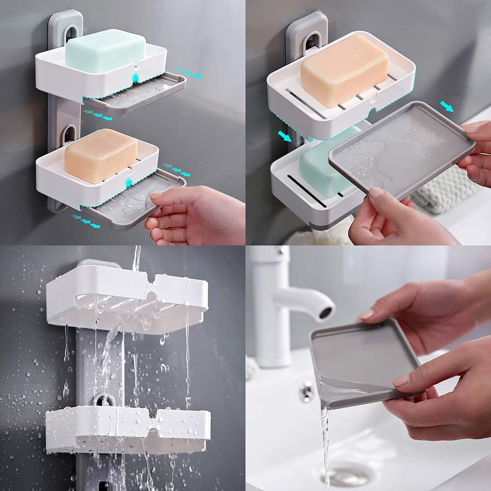 Soap Dish for Shower with Hook, Double Layer Adhesive Soap Dish Holder with Drain Tray, Strong Soap Holder for Bathroom and Kitchen Sink Sprong Holder