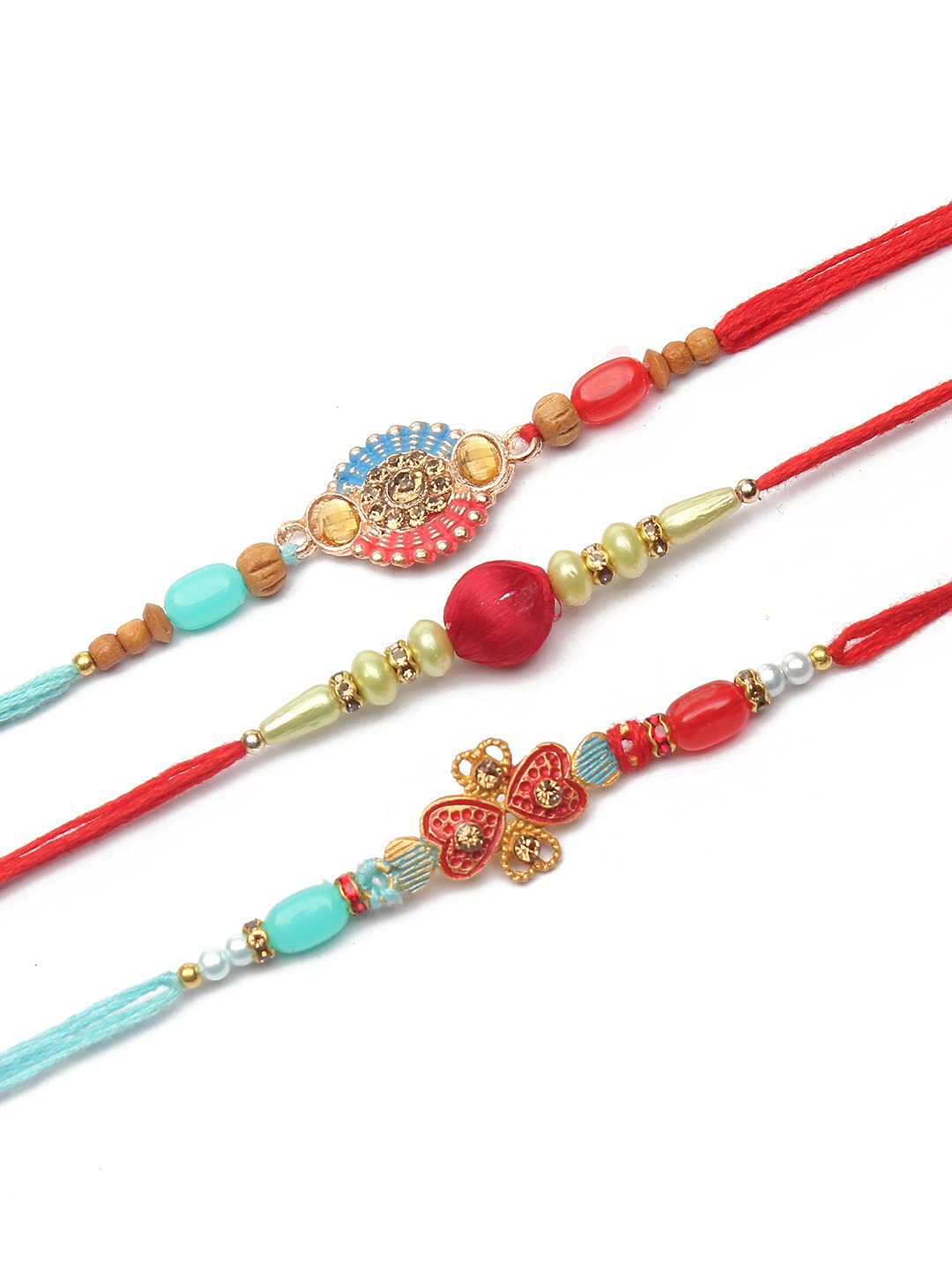 ShoshaaDesigner Handmade 3Pc Rakhi for Brother Brothers Unique & Beautiful Multicolored Rakhis Thread for Bhaiya Bhai Exclusive Rakhi with Roli Chawal & Greeting card Gift Pack in Pouch.