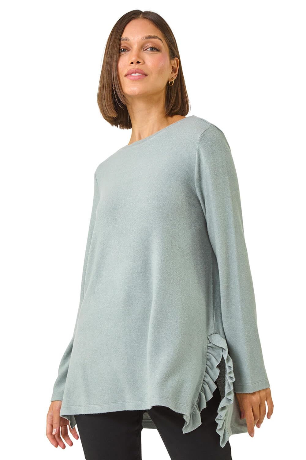 Roman Originals Soft Touch Side Ruffle Top for Women UK - Ladies Everyday Autumn Winter Round Neckline Comfy Soft Evening Vacation Work Party Night Out - Sage - Size 20