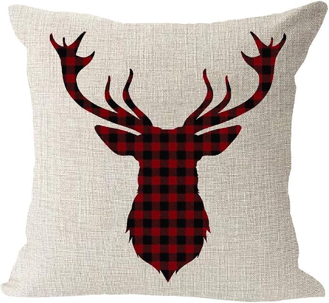 Moose Plaid Outdoor Pillow Cover – Red & Black Buffalo Check, 18x18 Inch, Cotton Linen Square Case