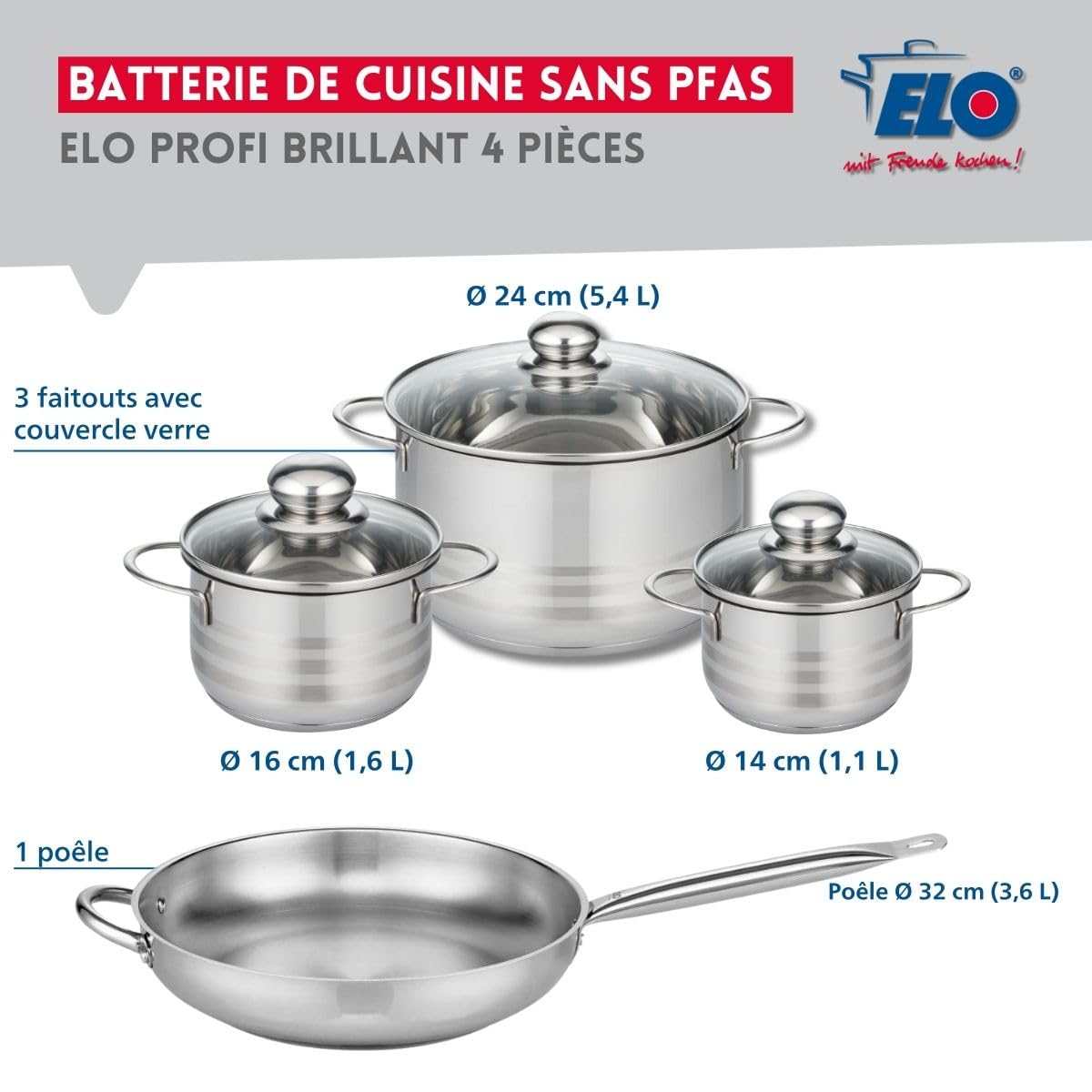 Elo Batterie cuisine poêle 32 cm et 3 faitouts 14/16/24 cm