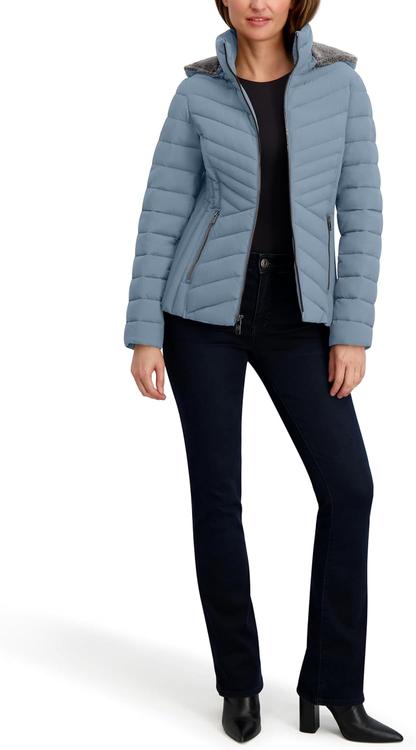 Nautica Women's Stretch Puffer Jacket –detachable Faux Fur Hood Midweight Water-resistant Coat