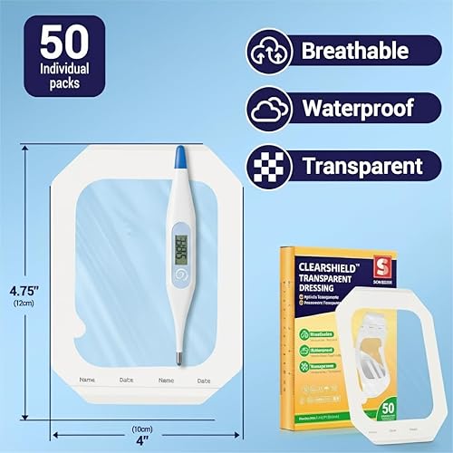 Miniatura 5 de ClearShield Apósito de Película Transparente 4" x 4.75" Paquete de 50, Vendajes Impermeables Transpirables Hipoalergénicos, Parche Adhesivo para