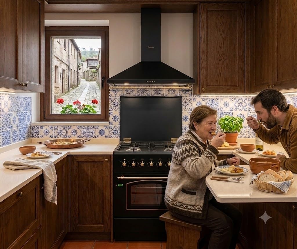 CONJUNTO PACK COCINA A GAS SOLTHERMIC HORNO ELÉCTRICO F6S40E5RB + CAMPANA 60 CM A JUEGO NEGRA RÚSTICA RIBETES DORADOS 350m3/h