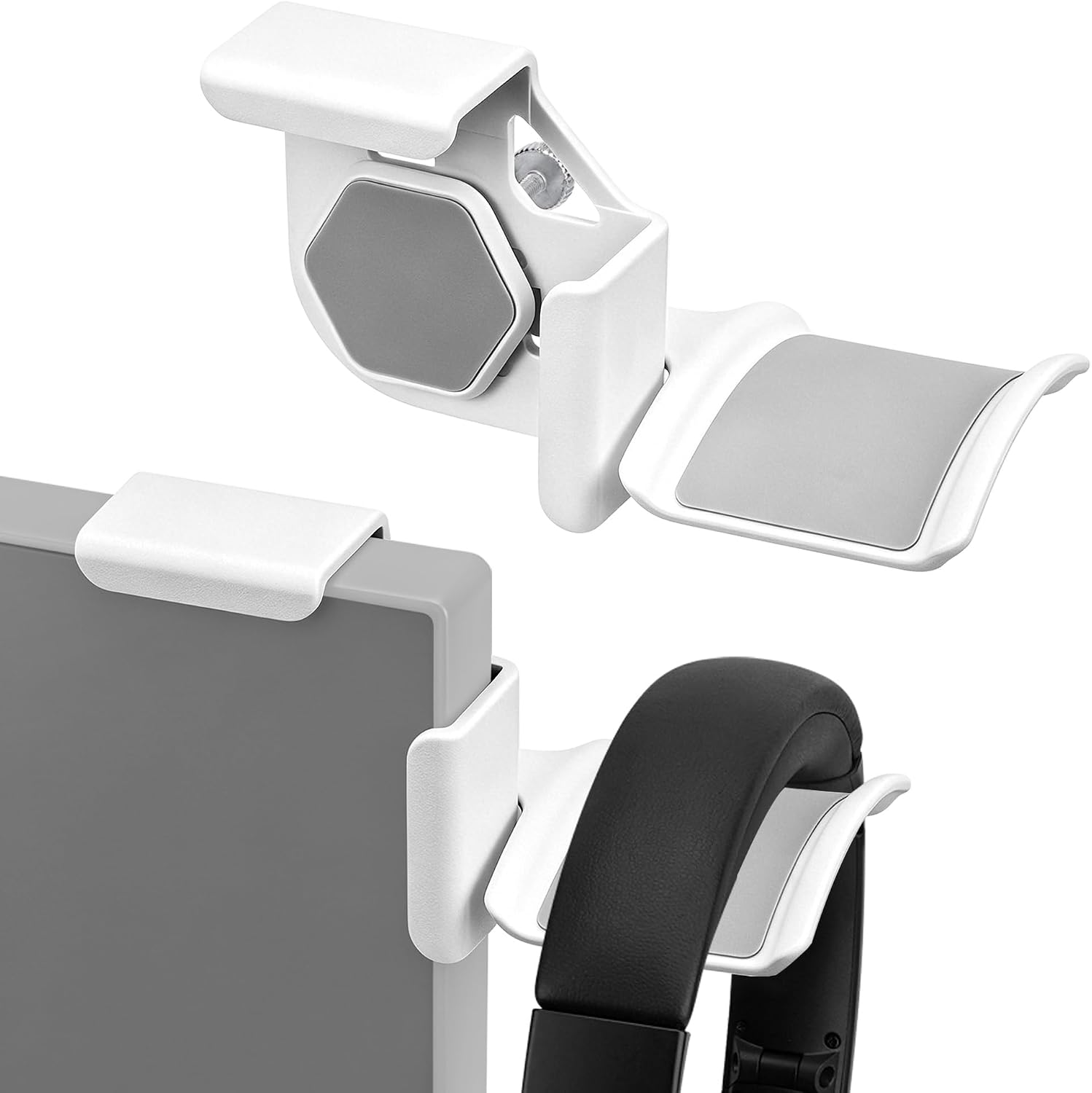 GEEKRIA Clamp-On Headphone Holder for Monitor, Screen-Mount Gaming Headset Hanger Hook, Compatible with Sennheiser, Bose, Beats, Razer, HyperX, Sony Headphones (White / 2 Pack)