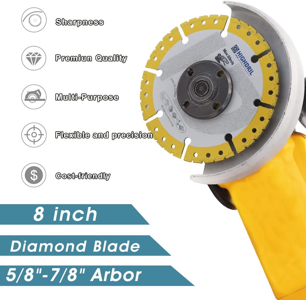 HIGHDRIL Diamond Metal Cutting Blade 8 inch/200mm Heavy Duty All-Purpose Cutting/Grinding for Rebar Sheet Metal Angle Iron Stainless Steel