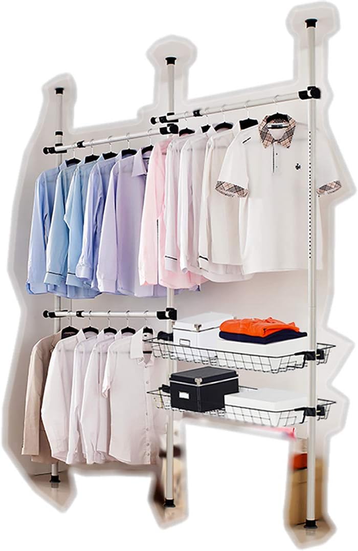 Portable Indoor Garment Rack Tools-free DIY Coat Hanger Clothes Wardrobe 3 Poles 3 Bars 2 Baskets. Heavy Duty Steel Poles and Bars. 60kg Loading per Horizontal Bar. Space Fit and Saver.[3203WB2]