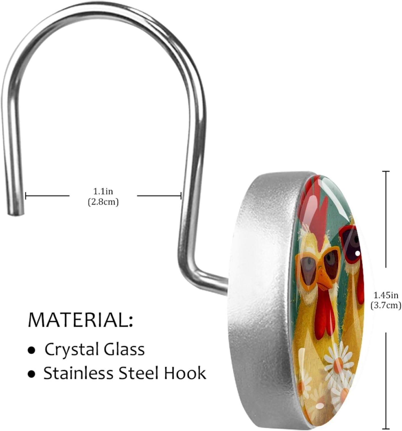 12 Packs Roosters Shower Curtain Hooks, Stainless Steel Glass Shower Curtain Rings for Bathroom Decor, Metal Rustproof Curtain Rod Hooks