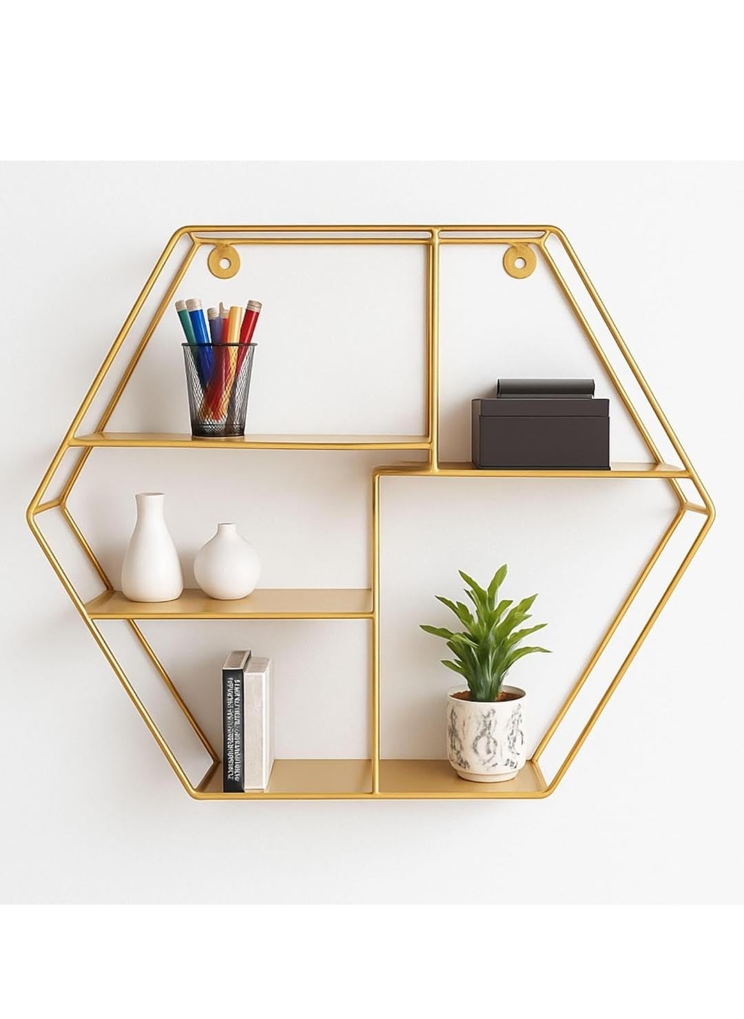 Hexagonal Metal Wall Shelf, Gold, Durable Metal Build, Easy to Hang, Stylish Storage for Living Room, Office (16 inch, Pack of 1)-image-25