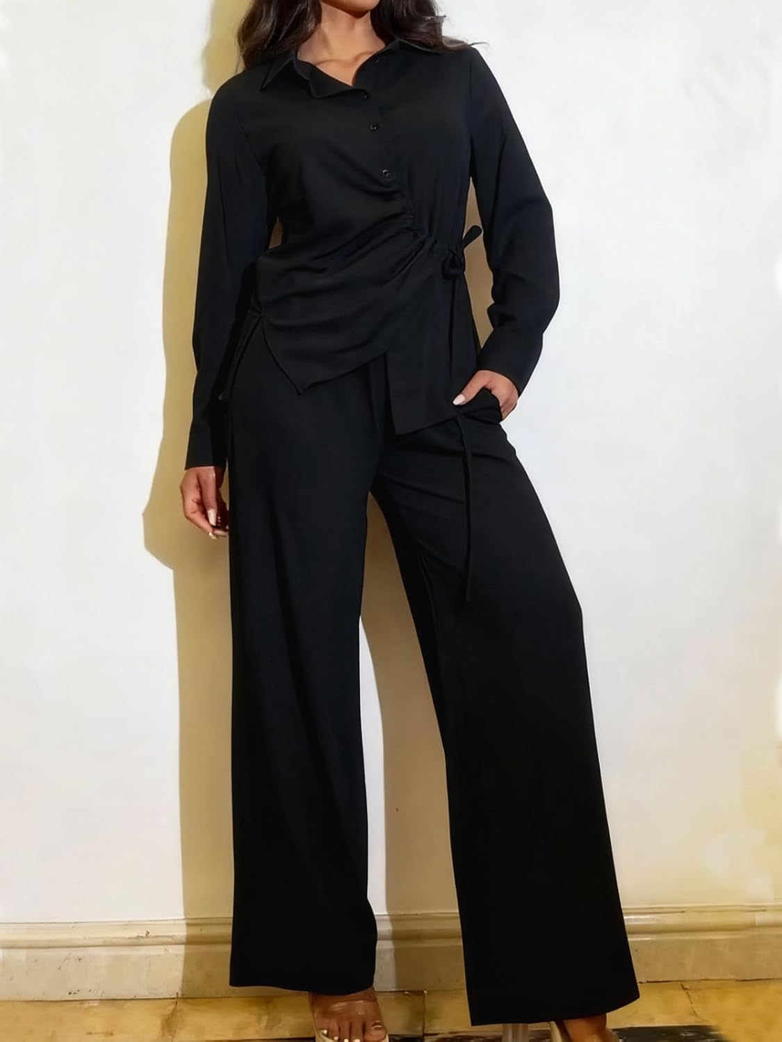 Elainone Pants Sets Women 2 Piece Outfits Long Sleeve Button Down Drawstring Shirt and Wide Leg Pants Matching Set - Image 4