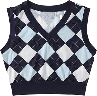 SheIn Women's V Neck Plaid Print Sweater Vest Sleeveless Rib-Knit Crop Tank Tops