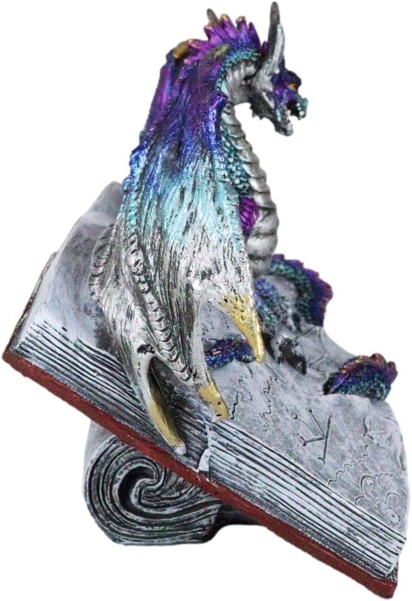 Ebros Gift World of Wizardry and Sorcery Spell Caster Fantasy Dragon of Bibliography Emerging Out of Spell Book with Magical Runes Decorative Figurine Rainbow Dragons (Purple Blue Drake)