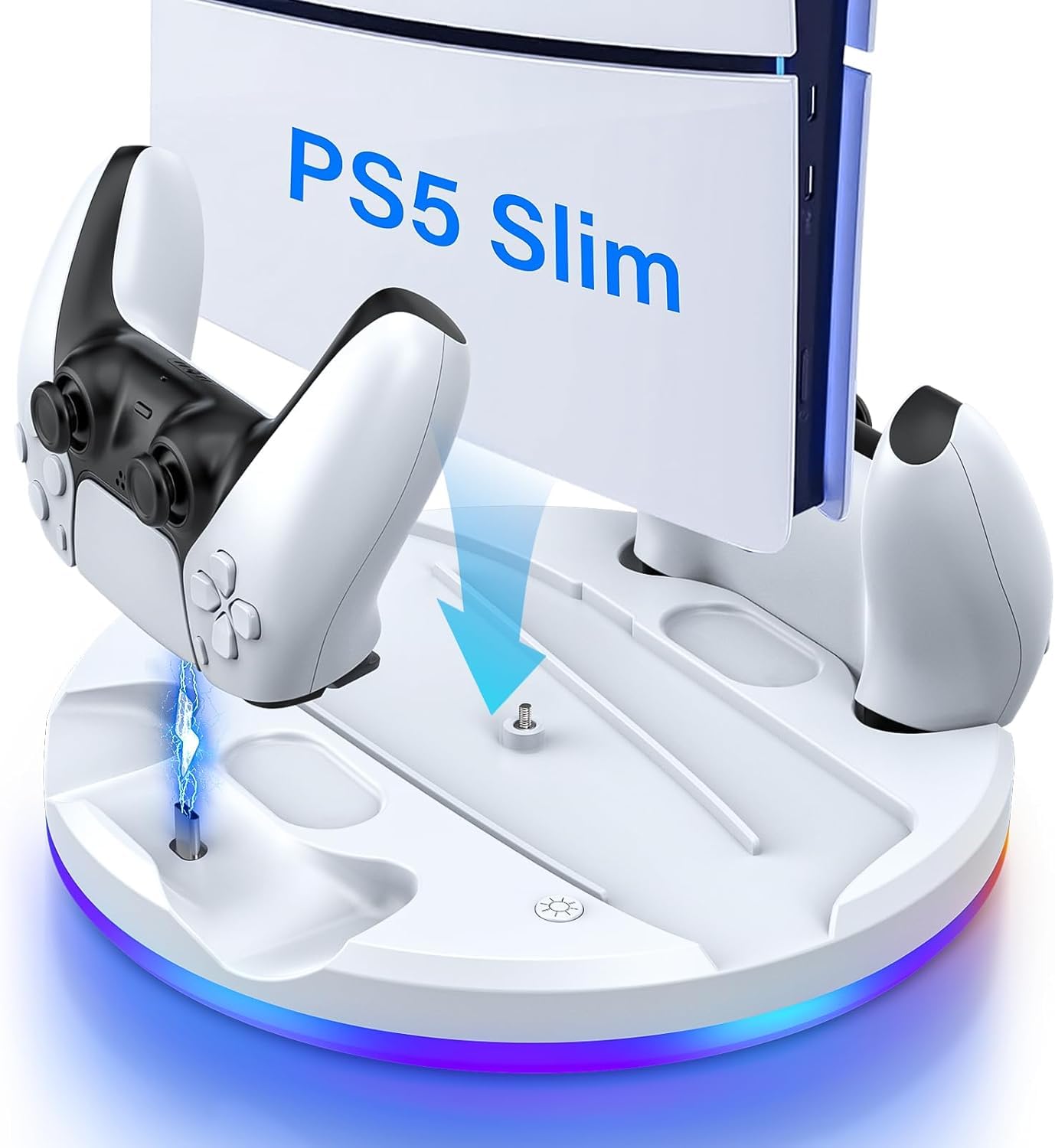 PS 5 Slim Stand and Dual Controller Charging Station for Playstation 5 Slim Console Disc&Digital Edition, Cool RGB PS5 Vertical Stand with Controller Charger, PS5 Holder Base Accessory Screw, White