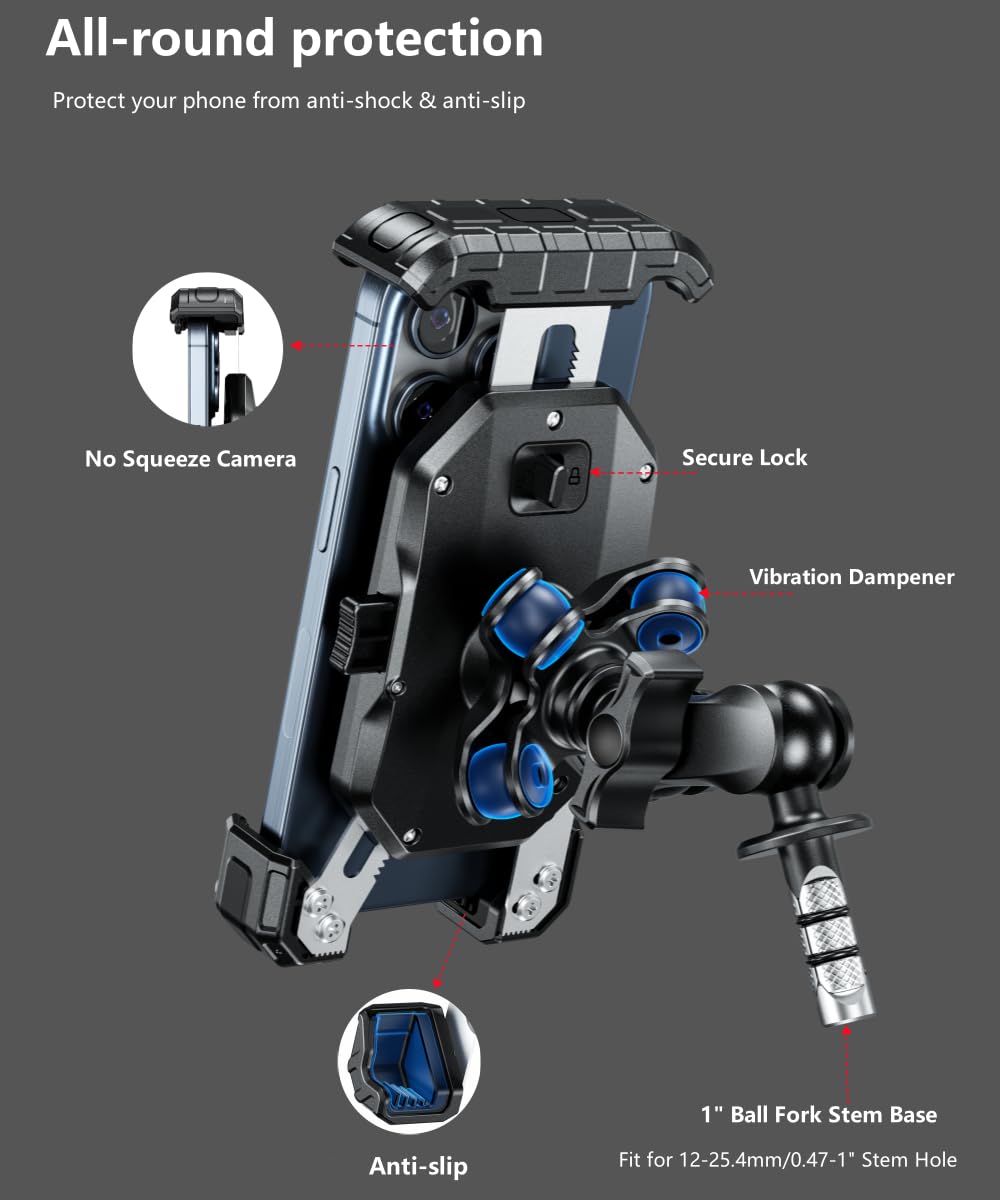 Motorcycle Fork Stem Phone Mount Holder With Vibration Dampener - View #5