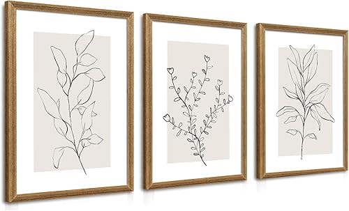 WRFON Lienzo botánico neutro para pared, impresiones minimalistas de póster de flores de línea negra, decoración de pared floral beige bohemio,