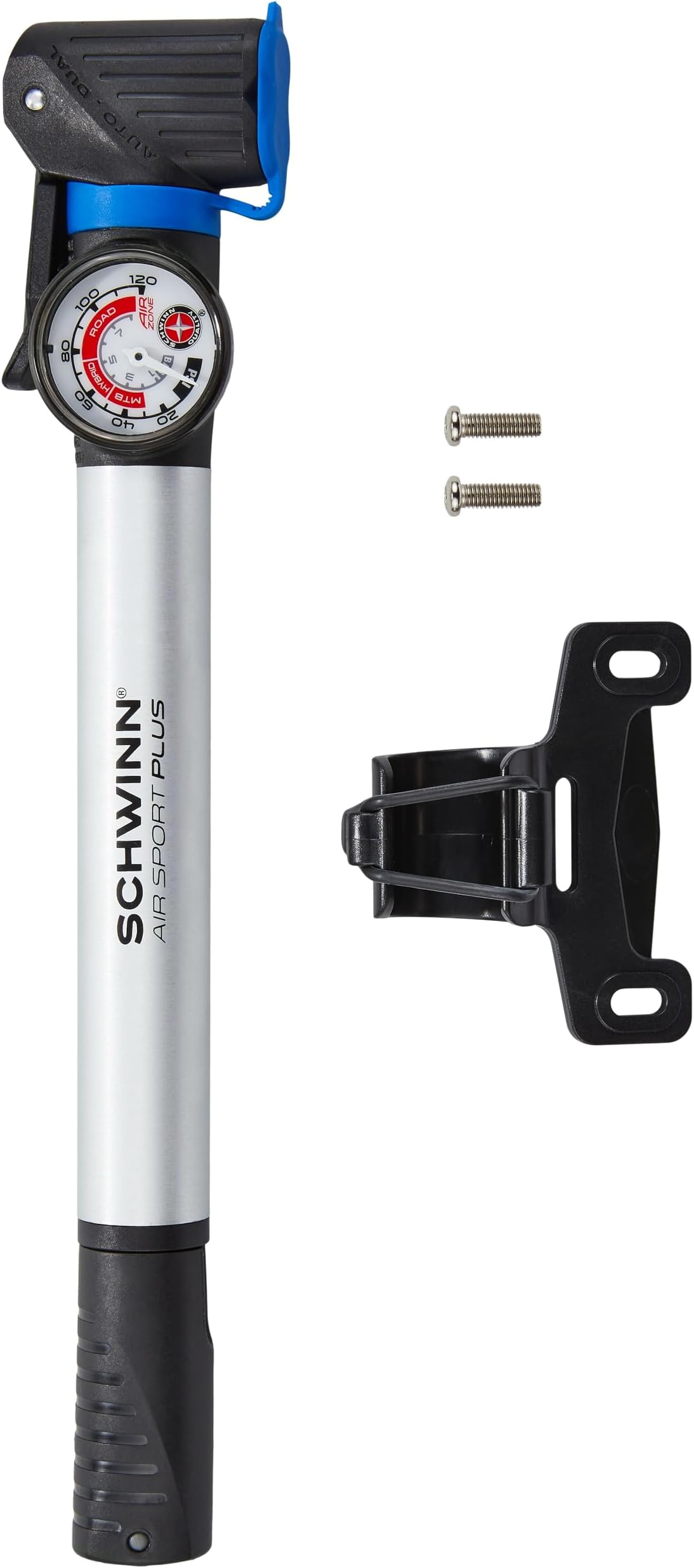 Air Sport Bike Frame Pump with Gauge Fits Schrader and Presta Valve Types Silver