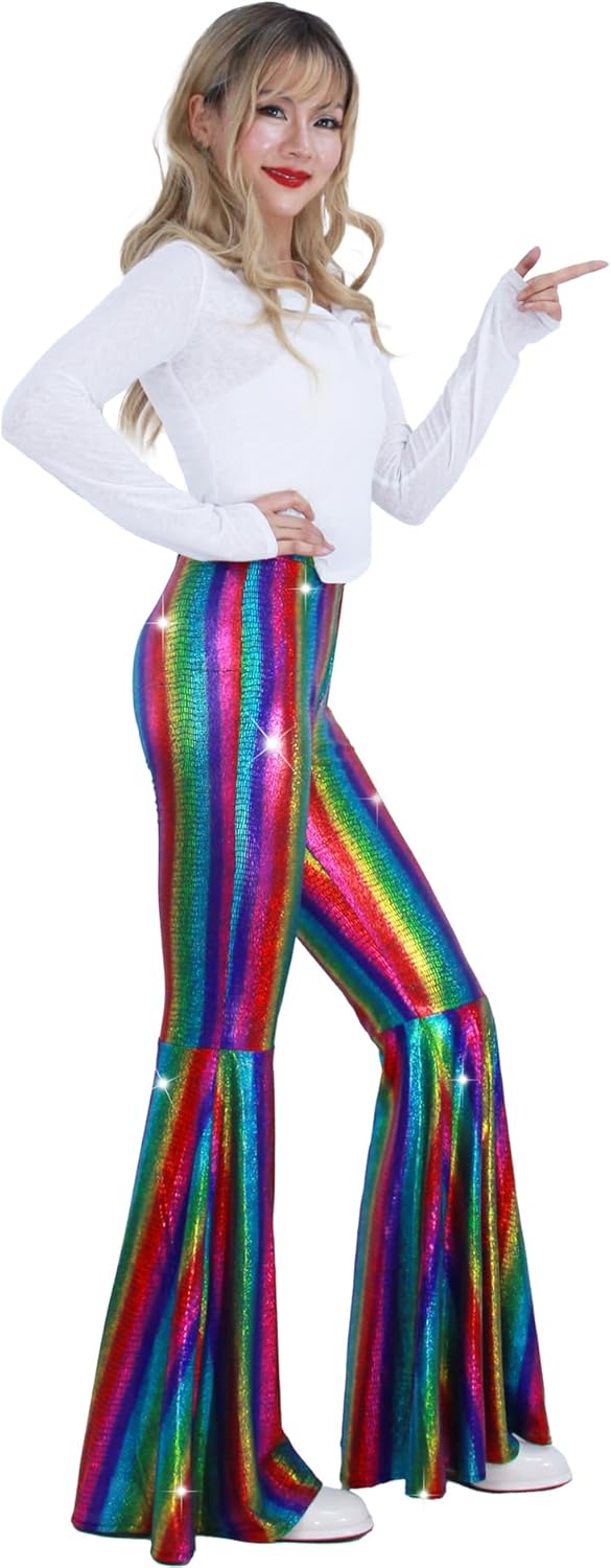 Nawgut Womens Sequin Flare Pant Sparkly High Waisted Leg Bell Bottom Glitter Trousers Night Out Clubwear - Image 4