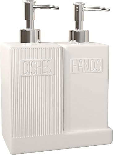 Dispensador de jabón con bandeja, paquete de 2 dispensadores de jabón de cerámica para platos y manos con embudo, almohadillas de silicona