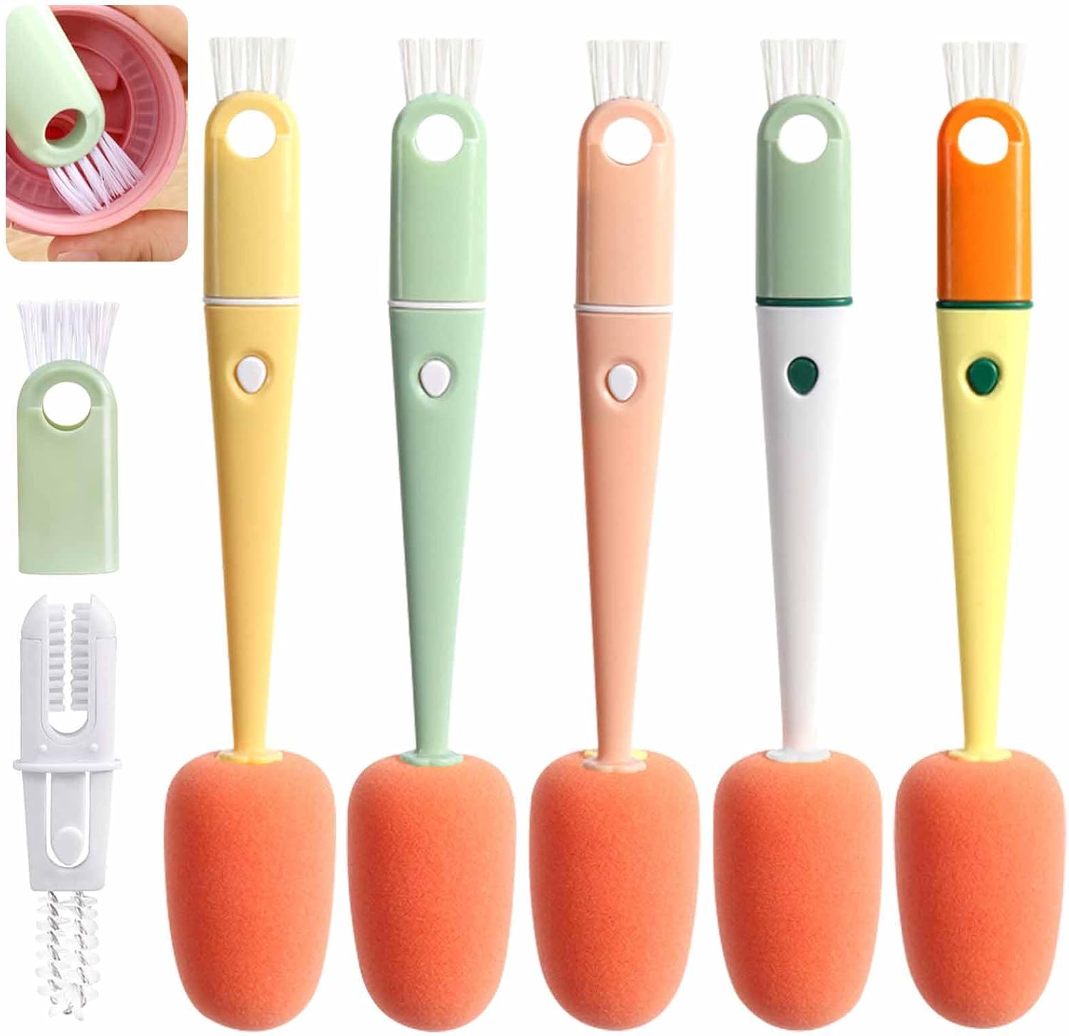 Bottle Cleaning Brush 5 PCS Long Handle Bottle Brush 4 in 1 Detachable Multifunctional Sponge Bottle Brush with Nipple Cleaning Brush and Bottle Gap Cleaner Brush