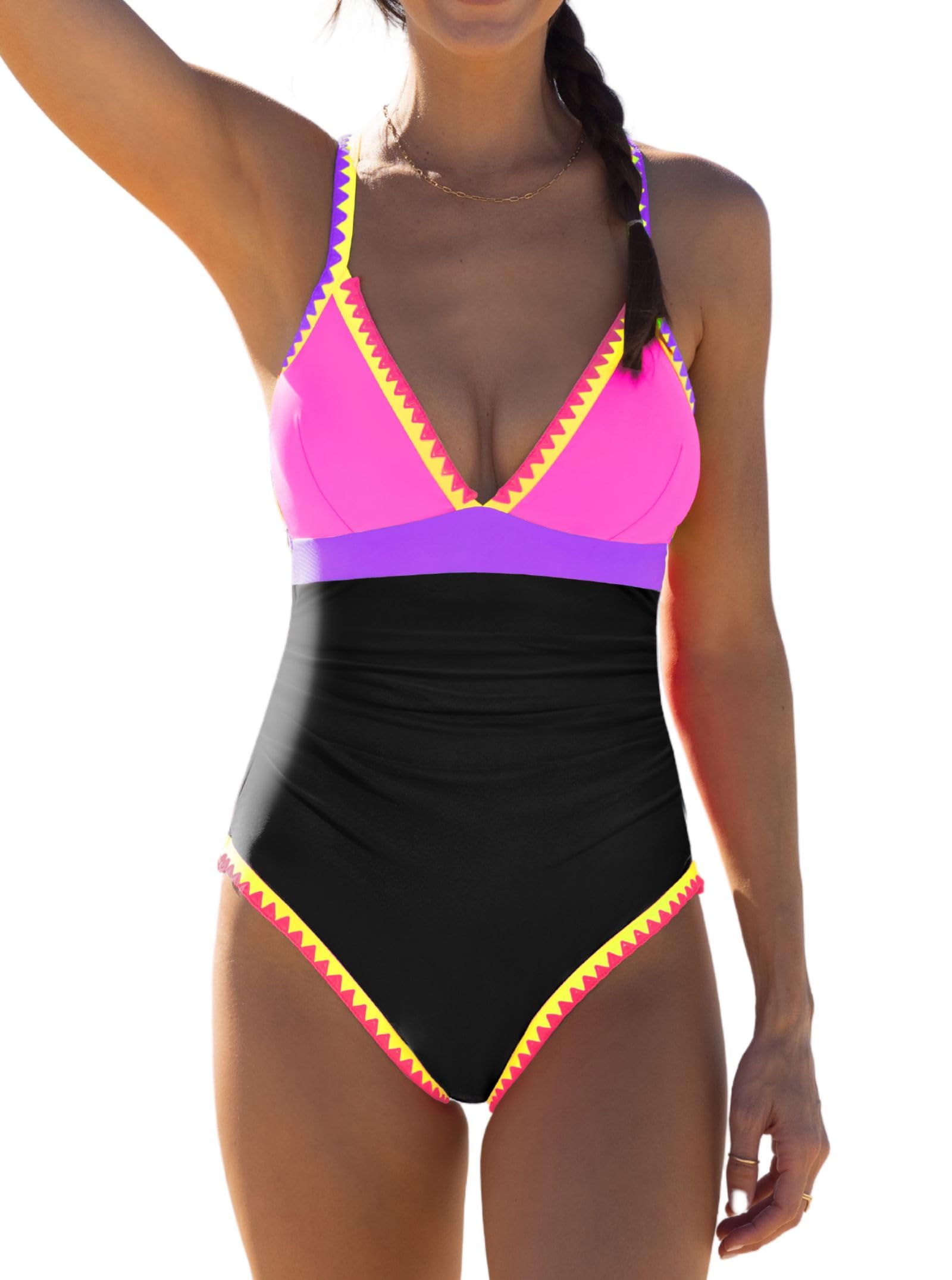 popvil One Piece Swimsuit 2025 Tummy Control Women Bathing Suit Shapewear Swimsuits Slimming Neon Cute Tie Back Swimwear