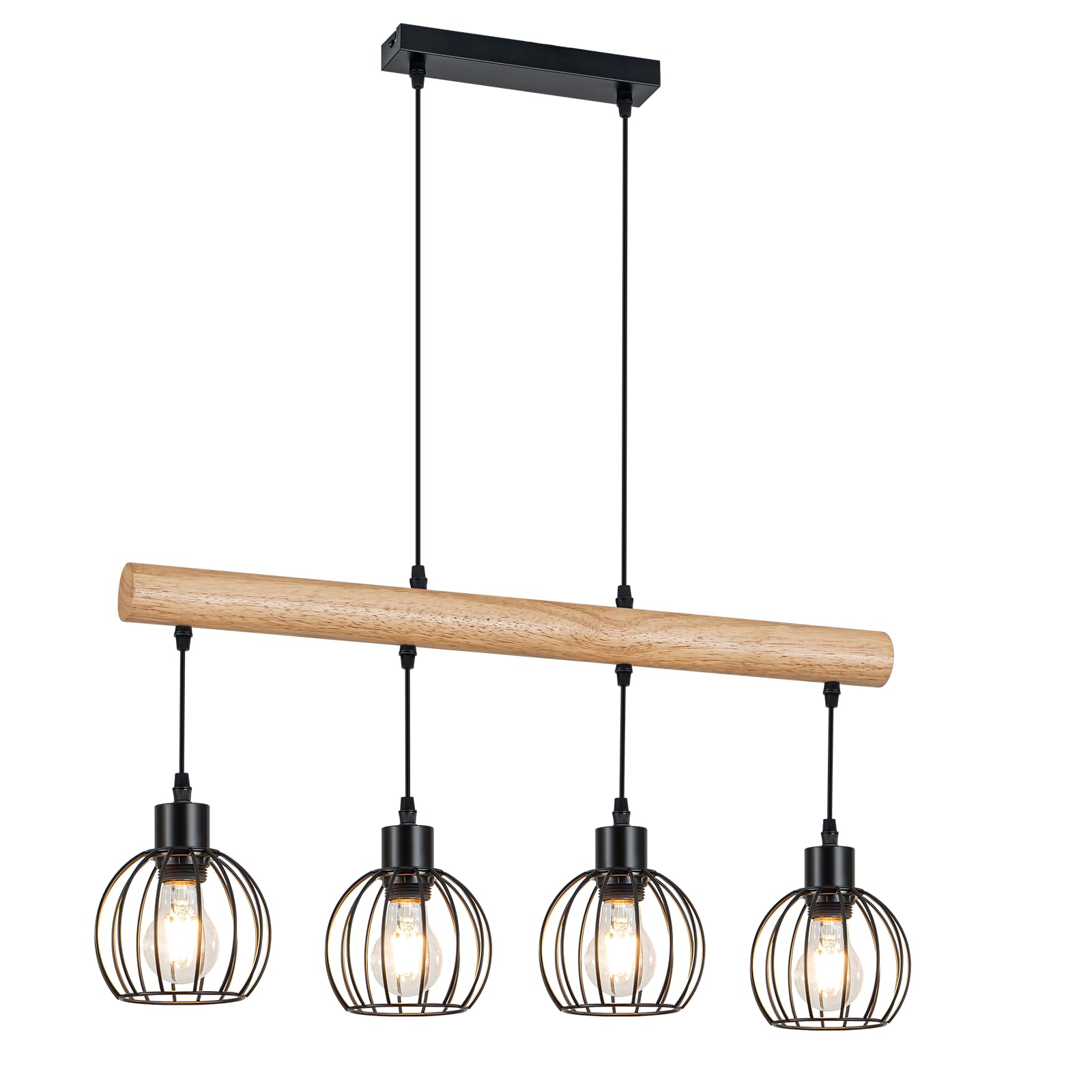 ZMH Vintage Hängelampe Holz 4 flammig - Pendelleuchte esstisch im Industrial Design Schwarz Retro Hängeleuchte Esstischlampe höhenverstellbar für Esszimmer Küche Wohnzimmer Bar (Ohne Leuchtmittel)