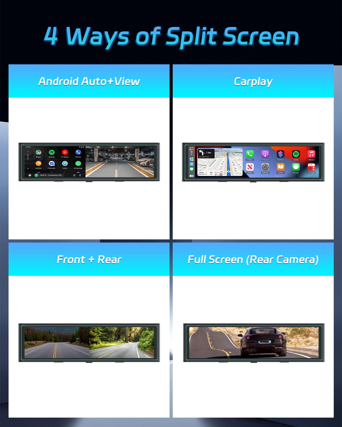 NHOPEEW Espejo retrovisor de 10,99 Pulgadas con cámara Frontal 4K - CarPlay inalámbrico y Android Auto - Compatible con Mirror Link Transmisión FM Visión Nocturna Conexión WiFi