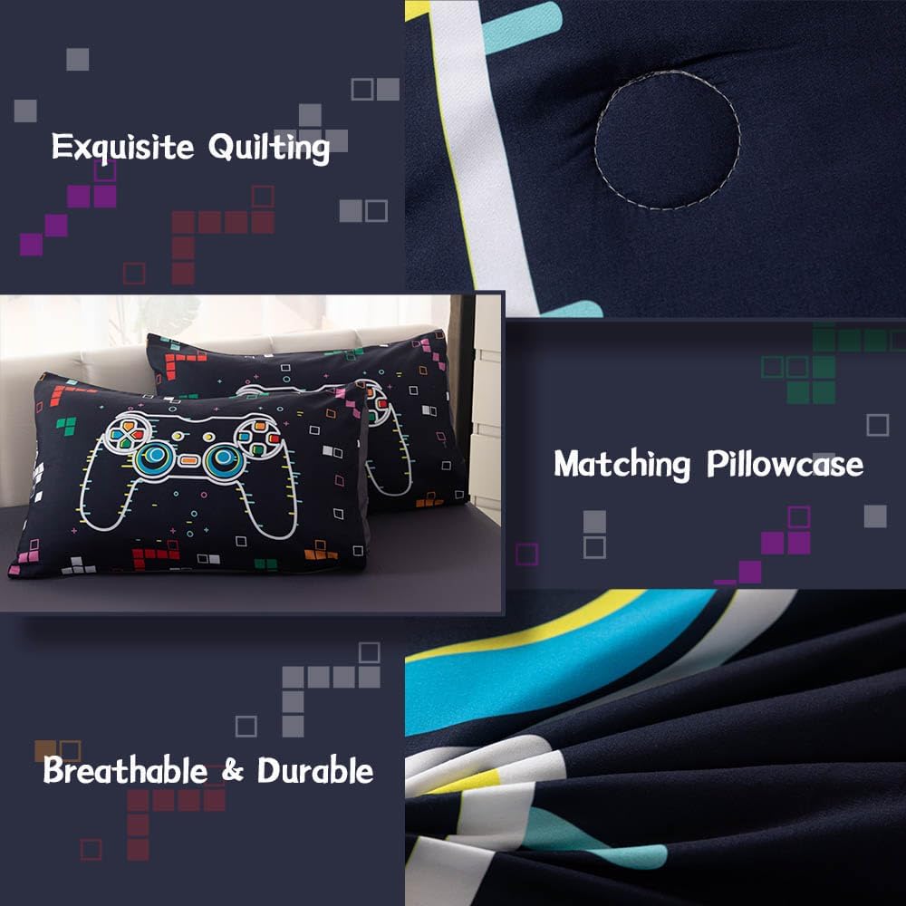 Podol Gamer Comforter Set Twin Size Block Gaming Bedding Set for Boys Kids 5pcs Game Controller Quilt Set Room Decor 1 Comforter, 2 Pillowcases, 1 Flat Sheet and 1 Fitted Sheet