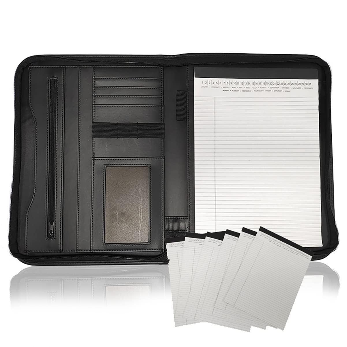 Segregator A4 Padfolio, segregator ze skóry PU z 20-stronicowym notatnikiem i uchwytem na długopisy, teczka na dokumenty A4 do CV, 7 zeszytów lub 6 notatników z kalkulatorem