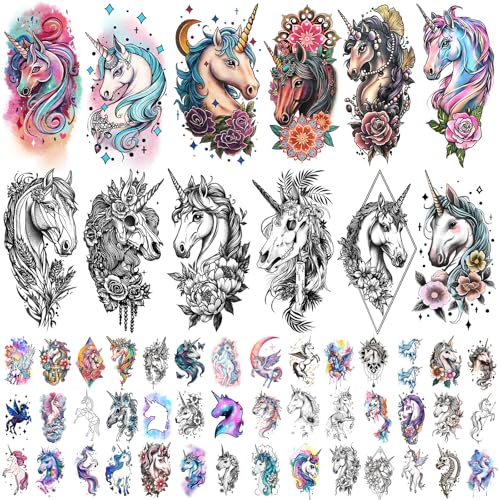 77 Sheets Unicorn Temporary Tattoo Adult Women Girls Half Arm Sleeve Realistic Fake Tattoos Halloween Wedding Costume Birthday Party Favors Decorations