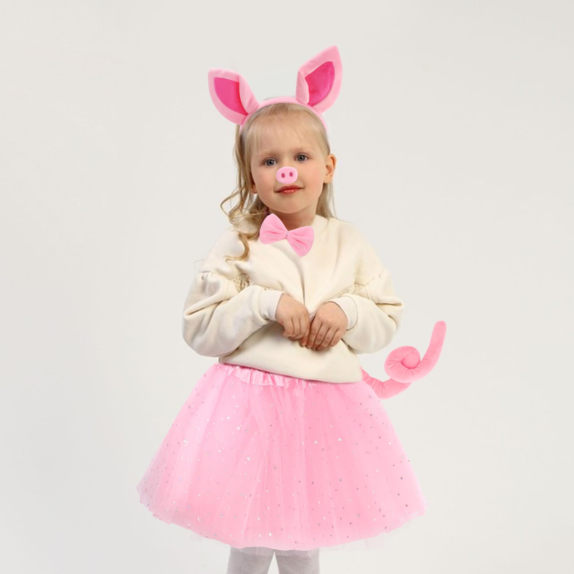 Exacoo Pink Pig Costume Set Fuzzy Pig Ears Headband Piggy Nose Tail Tutu Skirt Bowtie Kit Animal Circus Costumes Dress Up Halloween Cosplay Decoration Cute Piglet Outfit