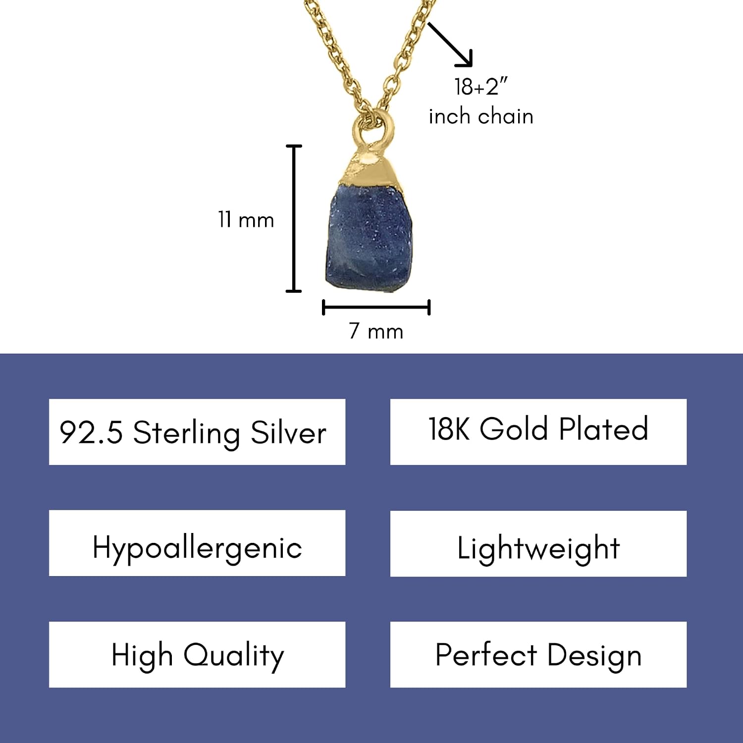 Blue Sapphire Necklace for Women, Premium Gold Raw Stone Choker Pendant Necklaces - Tarnish Free 18K Gold Vermeil Certified S925 Classic Statement Necklace - Mothers Day Gifts
