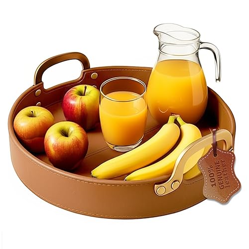 Round Leather Stitched Tray with Brass Handle Ideal for Wine Surving Coffee Ottoman Tray for Office Storage Drinks Snack Home Kitchen Counter Centerpiece (16 x 16 Inchecs) - 16" Light Brown