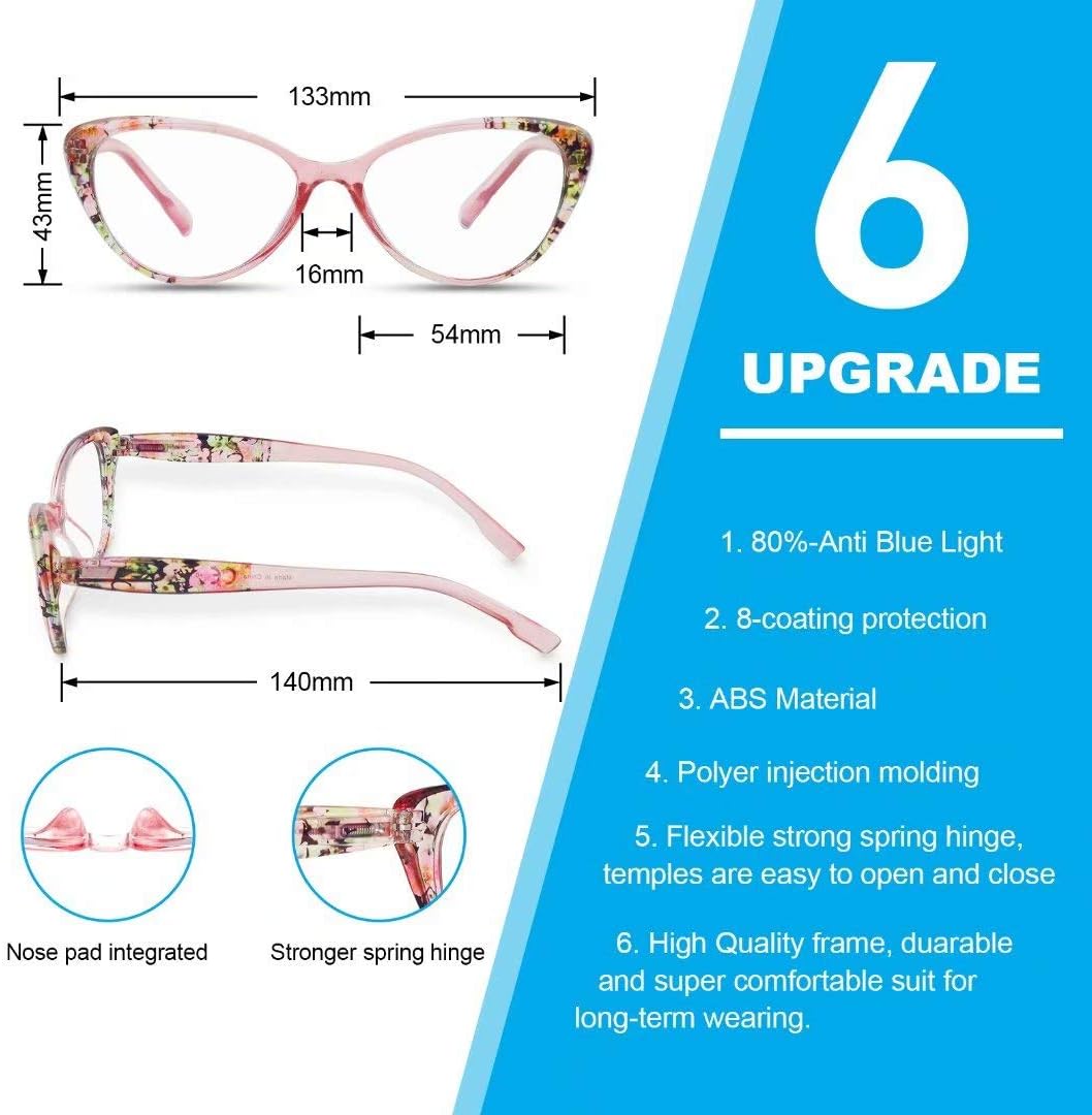 Eyelooker Reading Glasses Blue Light Blocking for Women 4 Pack Fashion Cat-eye Readers Anti UV Ray/Eye Strain/Glare +2.00